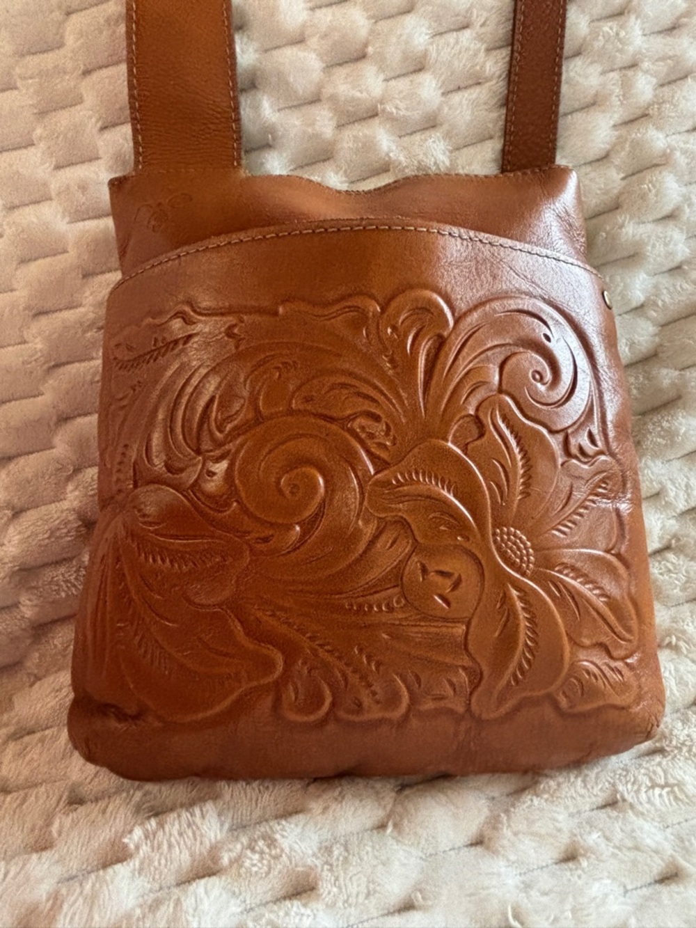 Patricia Nash Brown Tooled Leather Floral Bucket Crossbody Bag